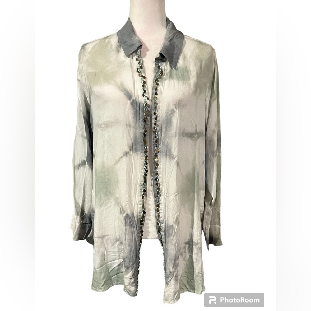 Soft Surroundings Womens Tie Die Sequin Accent Open Front Cardigan Shirt…
